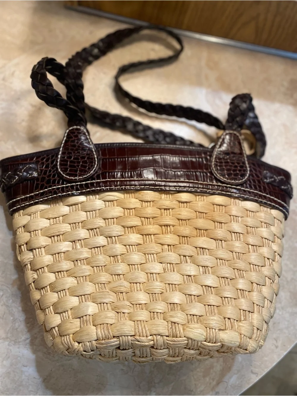 Brighton Beige Straw Tote with Dark Brown Trim and Braided Straps - Picture 2 of 8